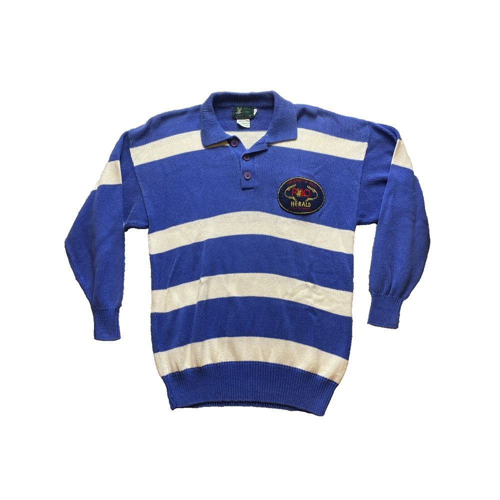 VTG‎ Pull By Herald Shirt Adult 3 Blue White Striped Collared Knitted Polo Mens
